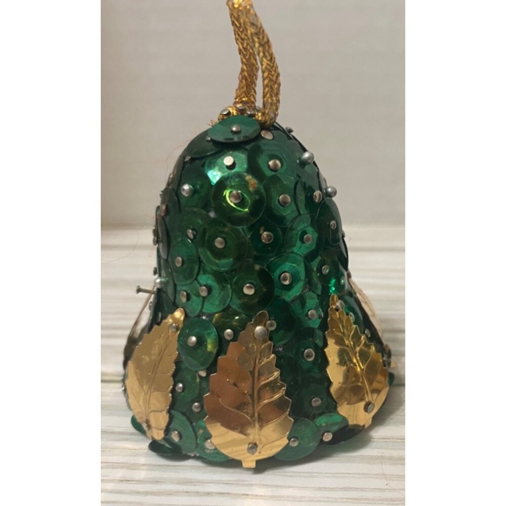 Vintage Handmade Sequined Bell Ornaments Set Of 4 Gold & Green Christmas - Picture 4 of 6